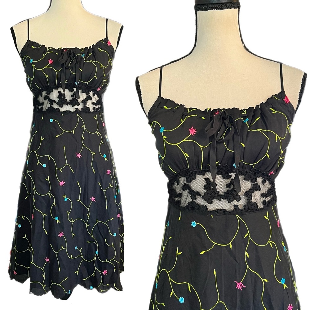 Vintage Betsey Johnson Floral Embroidery Lace Fairy Milkmaid Dress